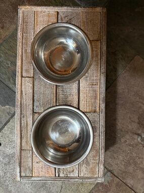 Rustic Wooden Double Dog Bowl Stand with Stainless Steel Bowls - Brown